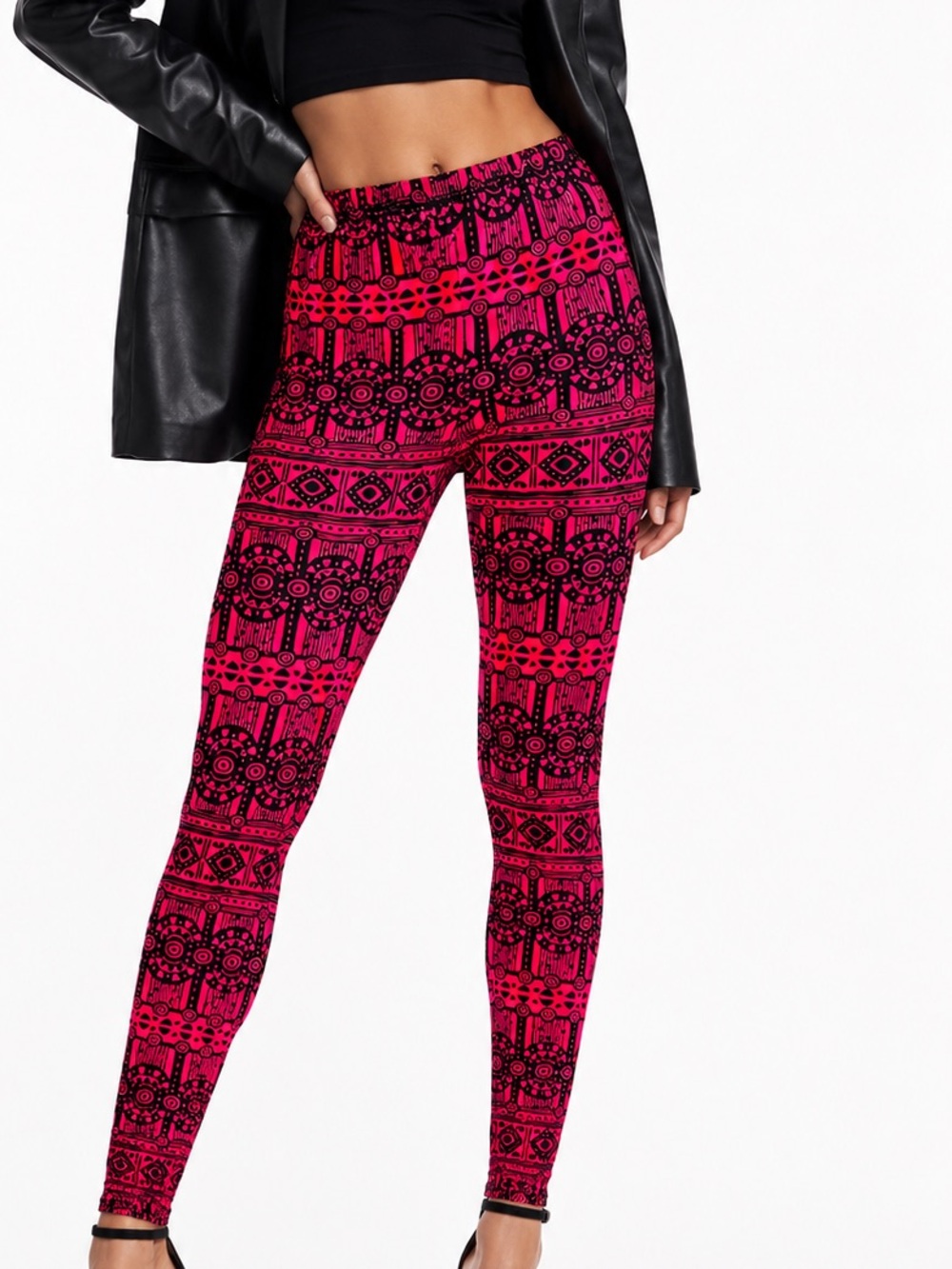 KATHY Boho Tribal Neon Pink & Black High-Rise Leggings w Elastic Waist